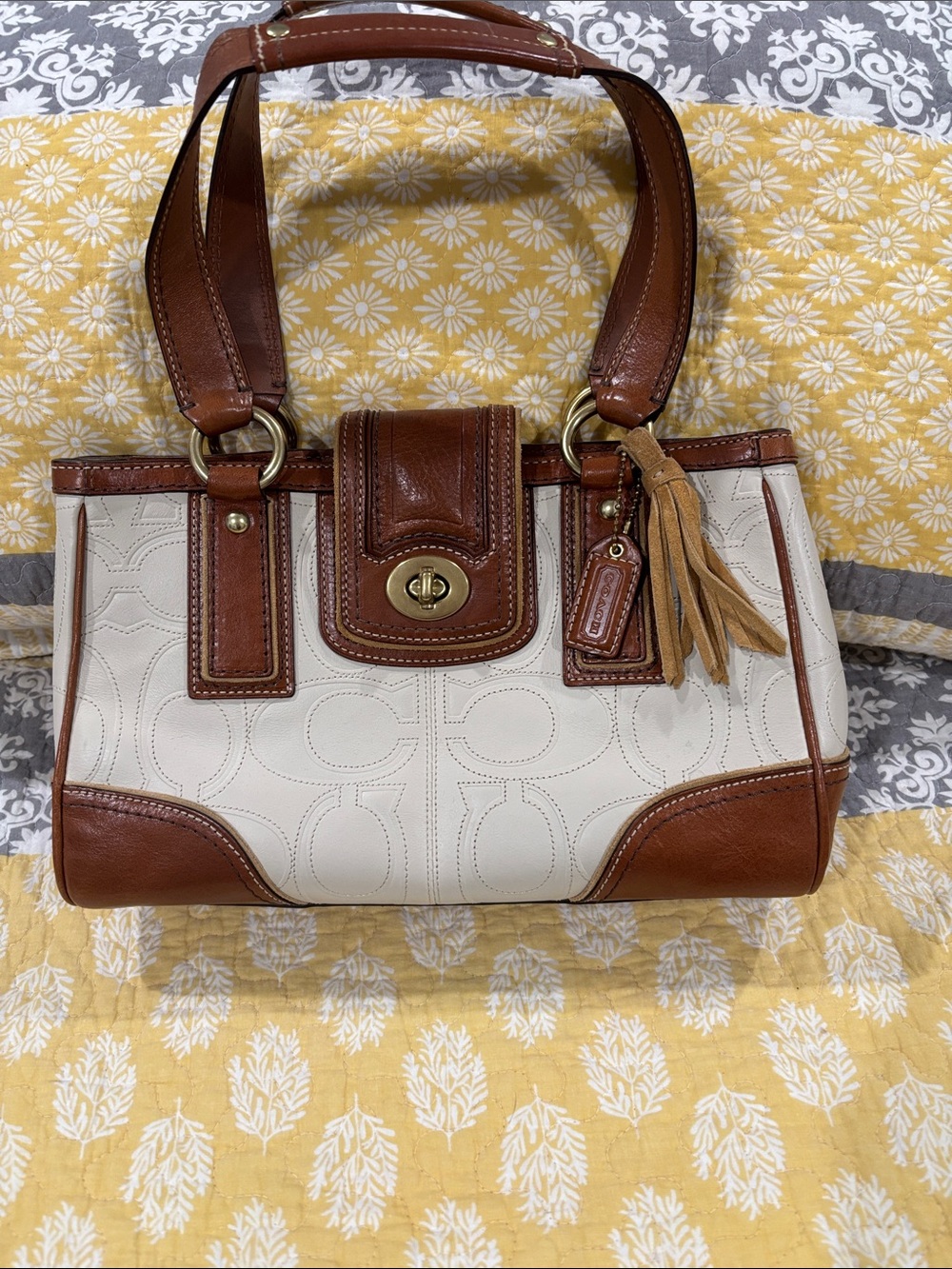Coach Cream Leather Shoulder Bag with Brown Trim and Tassel